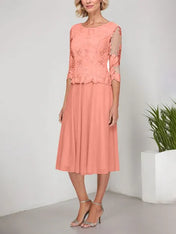 A-line Scoop Tea-Length Lace Chiffon Mother of the Bride Dress With Embroidery