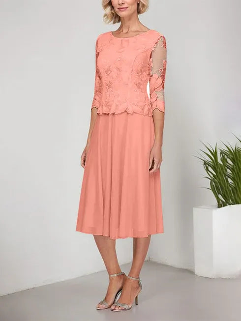 A-line Scoop Tea-Length Lace Chiffon Mother of the Bride Dress With Embroidery