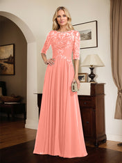 A-line Scoop Illusion Floor-Length Chiffon Lace Mother of the Bride Dress With Pleated Sequins