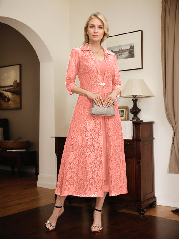 A-line V-Neck Tea-Length Chiffon Mother of the Bride Dress