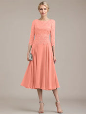 A-line Scoop Tea-Length Lace Chiffon Mother of the Bride Dress