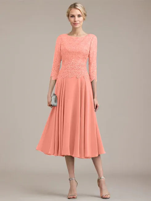 A-line Scoop Tea-Length Lace Chiffon Mother of the Bride Dress