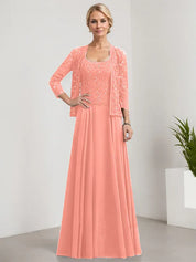 Robe de mère de la mariée trapèze carrée, longueur au sol, en mousseline de soie et dentelle, avec paillettes 