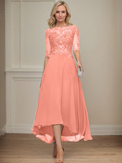 A-line Boat Neck Illusion Asymmetrical Chiffon Lace Mother of the Bride Dress With Sequins Beading