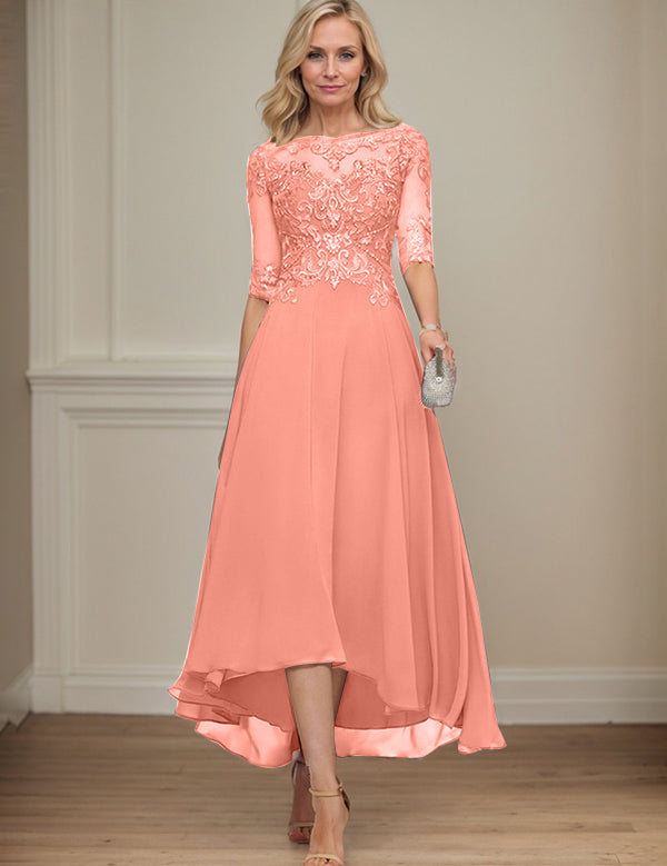 A-line Boat Neck Illusion Asymmetrical Chiffon Lace Mother of the Bride Dress With Sequins Beading