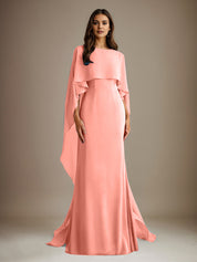 Robe de mère de la mariée en mousseline, coupe fourreau/colonne, col bateau, longueur ras du sol, avec volants en cascade 