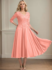 A-line V-Neck Tea-Length Chiffon Lace Mother of the Bride Dress With Beading Sequins