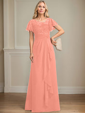 A-line Asymmetrical Illusion Floor-Length Lace Chiffon Mother of the Bride Dress With Cascading Ruffles Sequins