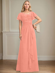 A-line Asymmetrical Illusion Floor-Length Lace Chiffon Mother of the Bride Dress With Cascading Ruffles Sequins