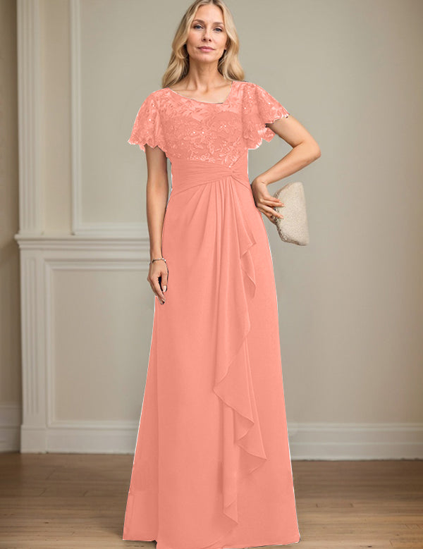 A-line Asymmetrical Illusion Floor-Length Lace Chiffon Mother of the Bride Dress With Cascading Ruffles Sequins