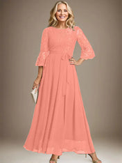 A-line Scoop Ankle-Length Lace Chiffon Mother of the Bride Dress With Bow