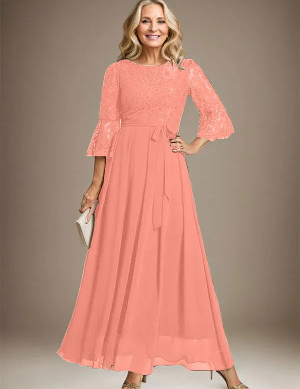 A-line Scoop Ankle-Length Lace Chiffon Mother of the Bride Dress With Bow