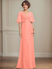 A-line V-Neck Floor-Length Chiffon Mother of the Bride Dress With Pleated Sequins Appliques Lace