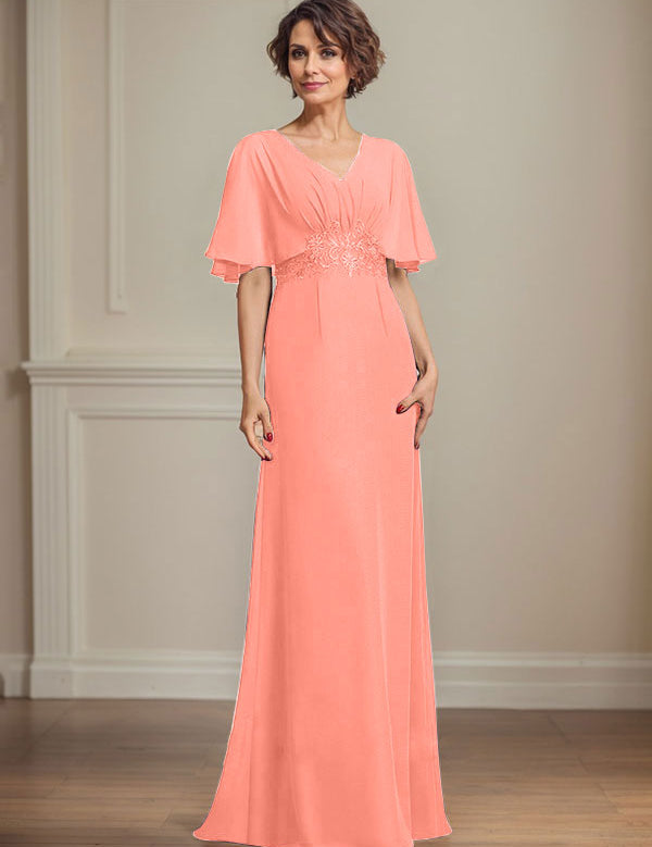 A-line V-Neck Floor-Length Chiffon Mother of the Bride Dress With Pleated Sequins Appliques Lace