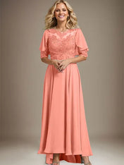 A-line Scoop Illusion Asymmetrical Chiffon Lace Mother of the Bride Dress With Beading