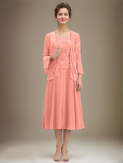 A-line Scoop Tea-Length Lace Chiffon Mother of the Bride Dress With Sequins