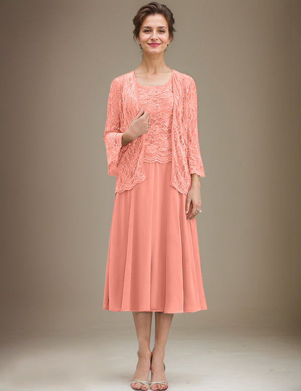 A-line Scoop Tea-Length Lace Chiffon Mother of the Bride Dress With Sequins