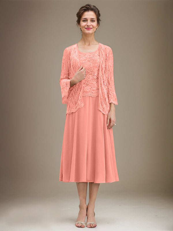 A-line Scoop Tea-Length Lace Chiffon Mother of the Bride Dress With Sequins