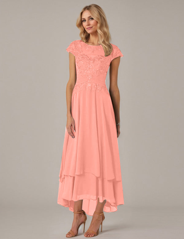 A-line Boat Neck Illusion Asymmetrical Chiffon Lace Mother of the Bride Dress With Applique Pleats