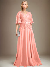 A-line V-Neck Floor-Length Chiffon Lace Mother of the Bride Dress With Crystal Brooch Rhinestone