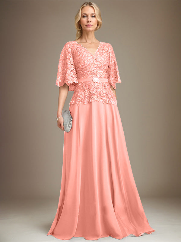 A-line V-Neck Floor-Length Chiffon Lace Mother of the Bride Dress With Crystal Brooch Rhinestone
