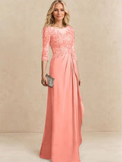 A-line Scoop Illusion Floor-Length Chiffon Lace Mother of the Bride Dress With Beading Sequins Cascading Ruffles
