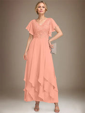 A-line V-Neck Ankle-Length Lace Chiffon Mother of the Bride Dress With Cascading Ruffles