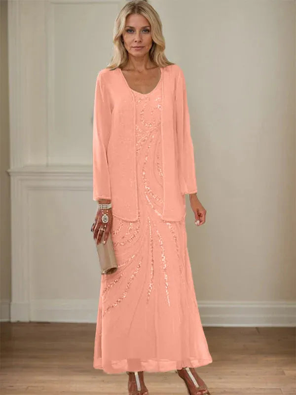 Robe de mère de la mariée fourreau/colonne, col en V, longueur cheville, avec veste et paillettes 