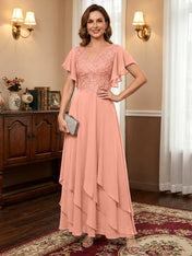 A-line V-Neck Ankle-Length Lace Chiffon Mother of the Bride Dress With Cascading Ruffles