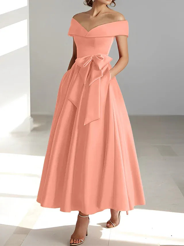 Princess Off-the-Shoulder Sleeveless Ankle-Length Mother of the Bride Dresses with Pockets