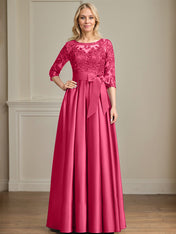 A-line Scoop Illusion Floor-Length Satin Lace Mother of the Bride Dress With Sequins Bow