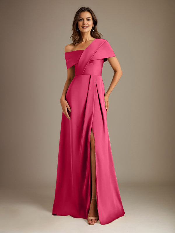 A-Line Asymmetrical Neckline Floor-Length Satin Mother of the Bride Dress With Pleated