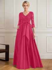 A-line V-Neck Floor-Length Satin Lace Mother of the Bride Dress With Sequins Bow