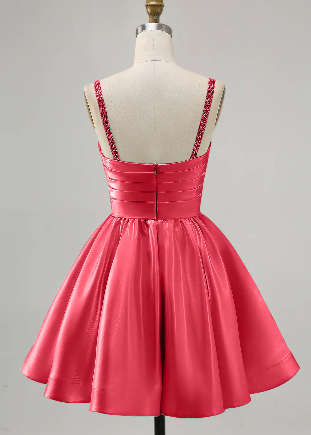Coral A-Line Spaghetti Straps Beaded Satin Short Homecoming Dress