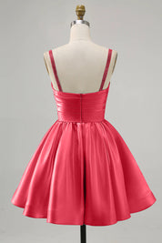 Coral A-Line Spaghetti Straps Beaded Satin Short Homecoming Dress