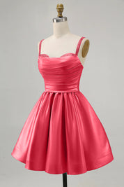 Coral A-Line Spaghetti Straps Beaded Satin Short Homecoming Dress