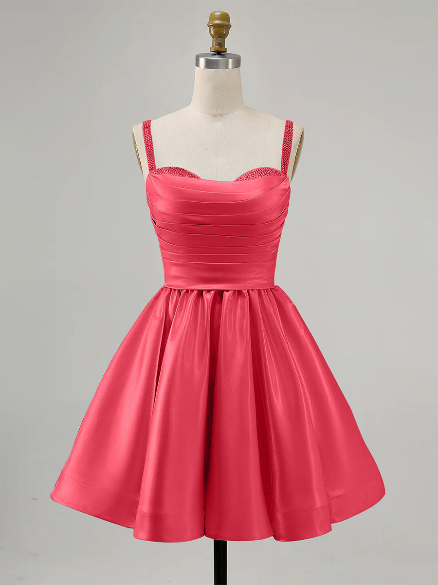 Coral A-Line Spaghetti Straps Beaded Satin Short Homecoming Dress