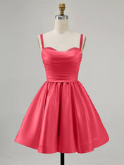 Coral A-Line Spaghetti Straps Beaded Satin Short Homecoming Dress