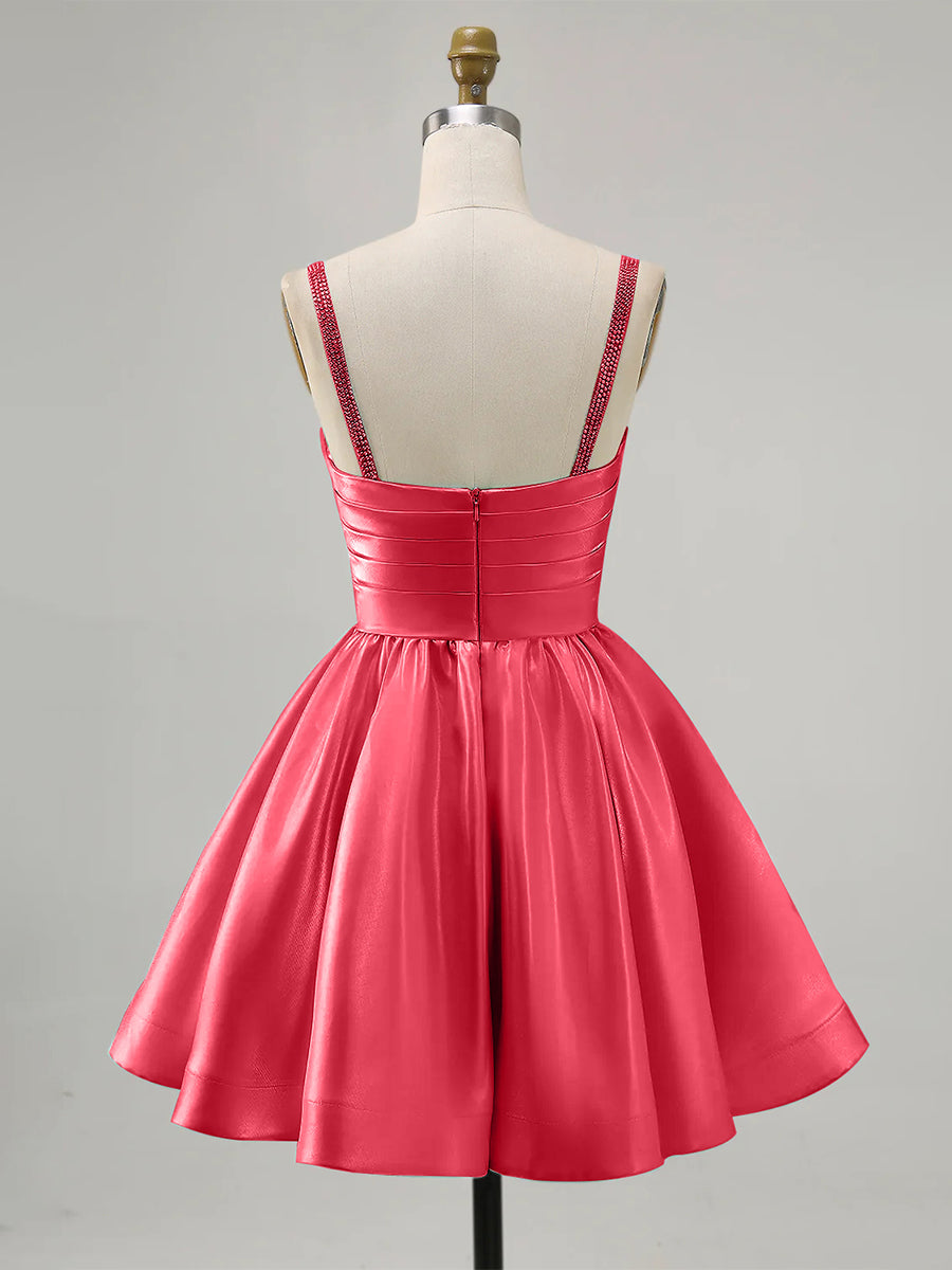 Dreamylily Women Coral A-Line Spaghetti Straps Beaded Satin Short Homecoming Dress Dreamylily Women Coral A-Line Spaghetti Straps Beaded Satin Short Homecoming Dress