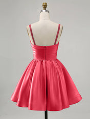 Coral A-Line Spaghetti Straps Beaded Satin Short Homecoming Dress