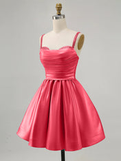 Coral A-Line Spaghetti Straps Beaded Satin Short Homecoming Dress