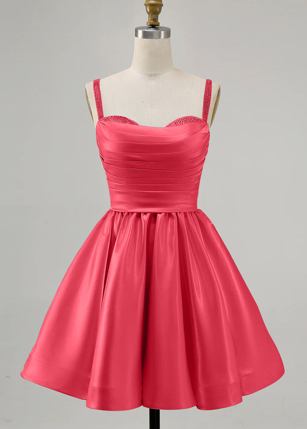 Coral A-Line Spaghetti Straps Beaded Satin Short Homecoming Dress