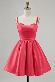 Coral A-Line Spaghetti Straps Beaded Satin Short Homecoming Dress
