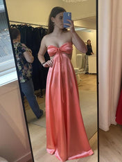Pink A Line Strapless Back Tie Satin Long Prom Dress