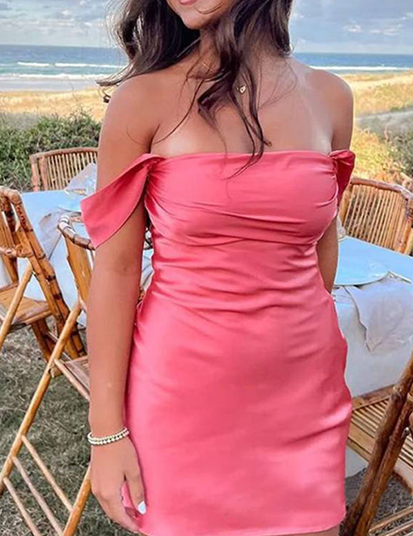 Coral Off the Shoulder Ruched Short Homecoming Dress