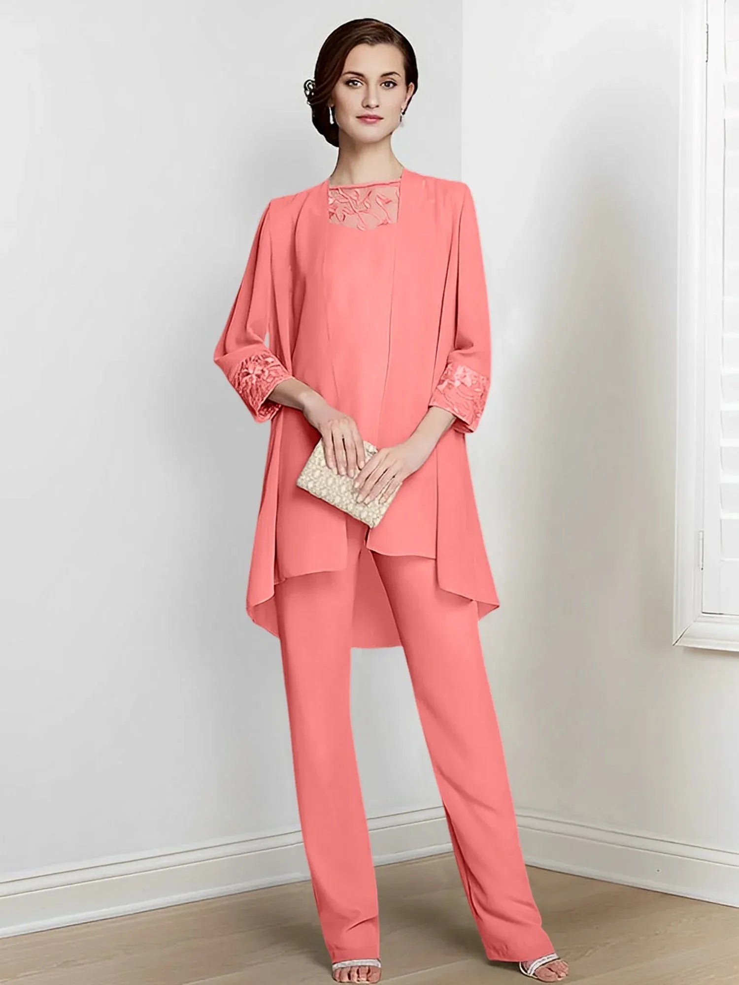 Tailleur-pantalon en mousseline à manches longues pour mère de la mariée avec veste 