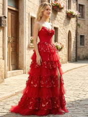 Red Corset Bodice Tiered Long Prom Dress with 3D Floral Appliqués