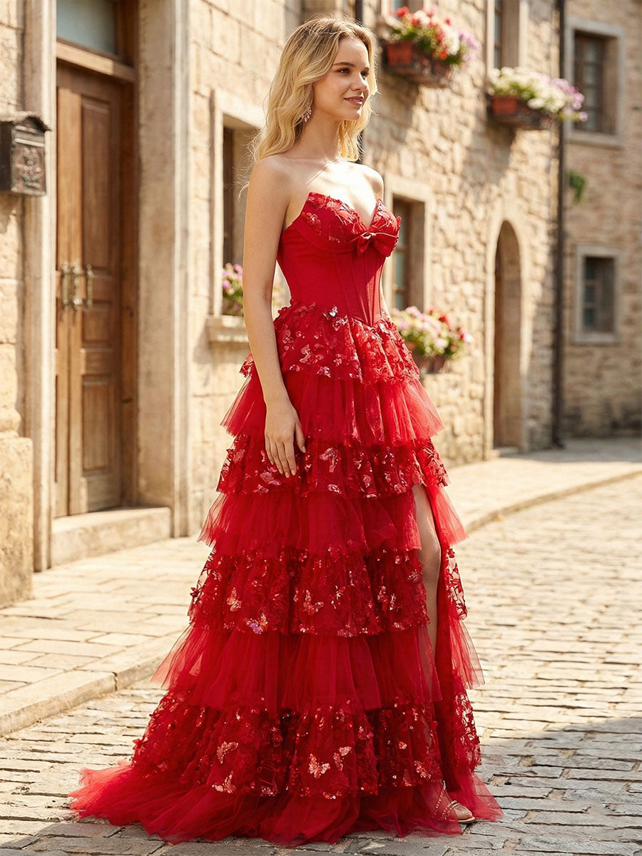 Dreamylily Prom Dress Corset Bodice Tiered Long Ball Gown with 3D Floral Appliqués