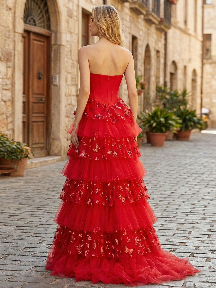 Backless Red Floral Dress Prom Red Dress Couture Backless Sparkly V-neck A-line Long Prom