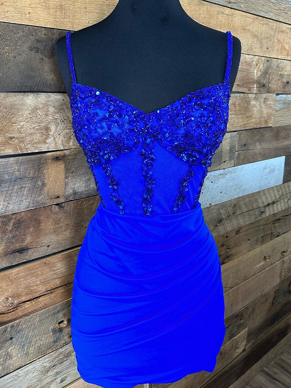 Corset Satin Asymmetrical Tight Short Homecoming Dress with Sequins